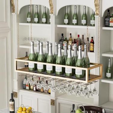 Imagem de Suporte para copo de vinho de teto, prateleira de vidro de vinho montada na parede prateleiras de armazenamento de bar de cozinha, suporte flutuante para garrafa de vinho pendurado prateleira de