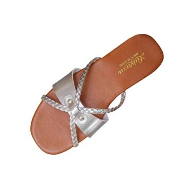 Imagem de Sandálias femininas planas com alça envolvente para primavera, verão, casual, confortável, bico aberto, sapatos de praia bidirecionais com salto de 1 cm, Prata, 38