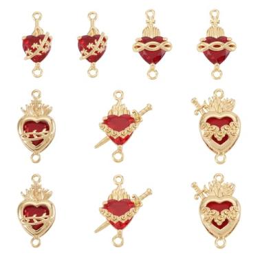Imagem de Cheriswelry 10 peças de pingentes de coração sagrado vermelho zircônia cúbica coração gótico amor elo conector elo ouro 18K metal Jesus berloque 23-26 mm para brincos faça você mesmo, colar, pulseira