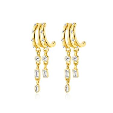 Imagem de BOOZIQ Brincos pendentes de ouro para mulheres, cruz de ouro, estrela e lua, brinco de argola tripla de zircônia cúbica, joia moderna, presente para mulheres, Large, Metal, Sem pedra preciosa