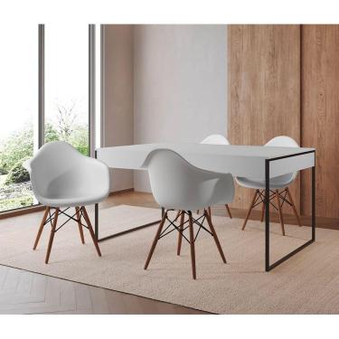 Imagem de Mesa Jantar Industrial Filadélfia Branca 137X90Cm Base Ferro Preto Com 4 Poltronas Brancas Branco