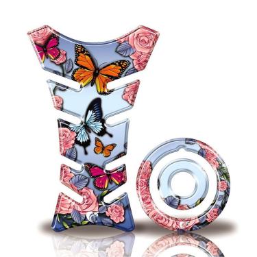 Imagem de Kit Protetor Tanque Adesivo Moto Yamaha Factor 125/150 Até Ano 2016 Borboleta Azul Rosa