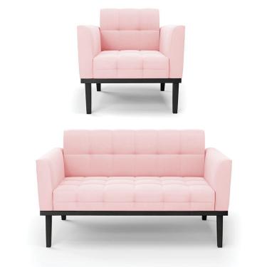 Imagem de Sofá Namoradeira E Poltrona Base De Madeira Preto Elisa Suede D03 - D'rossi Cor Rosa Bebê