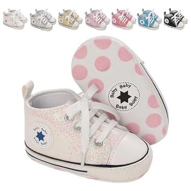 Imagem de yibubu Tênis de lona com glitter moderno com cadarço brilhante, sola flexível e macia com design de bico largo para berços (0 a 18 meses), 645whtie, 6 Months Infant
