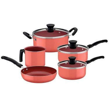 Imagem de Jogo De Panelas Tramontina évora Alumínio Com Rev. Interno Cerâmico E Externo De Silicone Coral 5 Pe