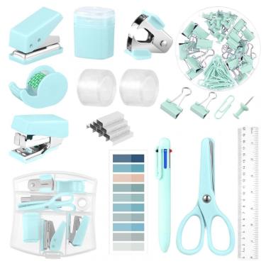 Imagem de Kit mini escritório auroray verde turquesa com grampeador, furador, dispenser de fita,...