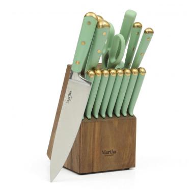 Imagem de Conjunto de Facas de Cozinha Martha Stewart Lockton 16 Peças Verde Sálvia com Detalhe Dourado e Bloco em Acácia