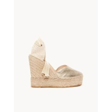 Imagem de Sandália Romero Anabela Alta 12cm Camurça Metal Dourado, Dourado, 36