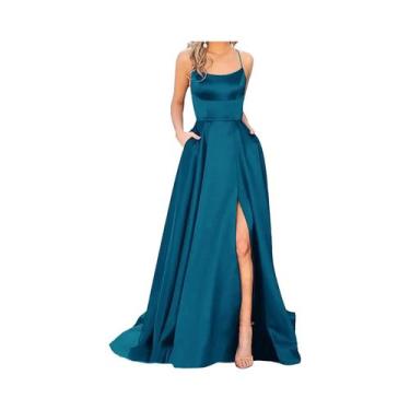 Imagem de Vestido Longo Azul Marinho Com Alças Finas E Fenda Para Madrinhas, Ves