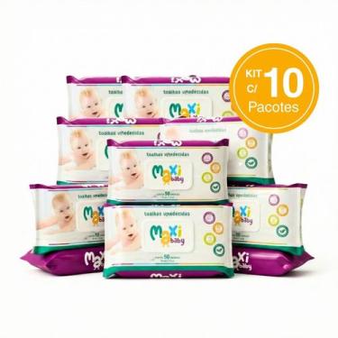 Imagem de Kit com 10 Toalhas Lenços Umedecidos Hipoalergênico 50un Cada Maxi Bab