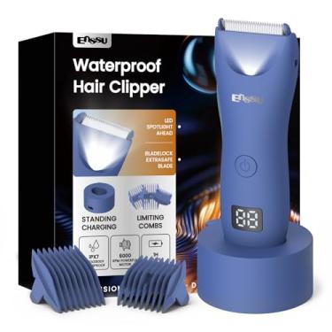 Imagem de ENSSU Aparador de pelos corporais masculino – Aparador Meridiano à prova d'água com luz LED, motor rápido de 6000 RPM, 5 configurações de comprimento, IPX7 para púbico, peito e bolas (Azul)