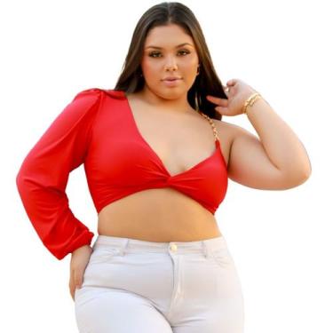 Imagem de Cropped nula manga longa decote V nó torcido alça corrente slim e plus