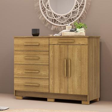 Imagem de Cômoda Vitória V01 5 Gavetas em MDF com Puxador em MDF Amadeirado para Quarto com Sapateira