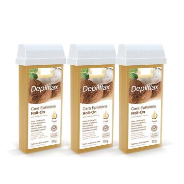Imagem de Kit 3 Cera Depilatória Roll On Quente Coco 100G para Depilação Corporal com Óleo de Coco Transparente Depilflax