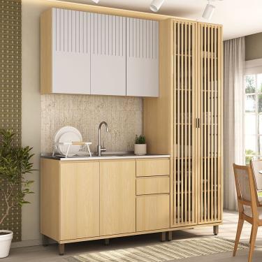 Imagem de Cozinha Compacta 100% Mdf 3 Pçs Cristaleira 190cm Aura Luci Carvalho Uv-cinza Cristal Pet