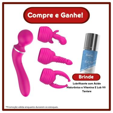 Imagem de Kit Vibrador Varinha Mágica com 10 Modos de Vibração e 3 Capas Estimuladoras em Silicone e ABS 19X8X3,5CM Rosa
