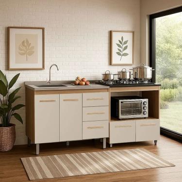 Imagem de Kit Balcão Para Pia 120cm Bianca + Balcão Para Cooktop 5 Bocas Elisa - Savana-off White