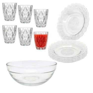 Imagem de Aparelho De Jantar Copos Pratos Diamond 13 Peças Vidro com Bowl Grande