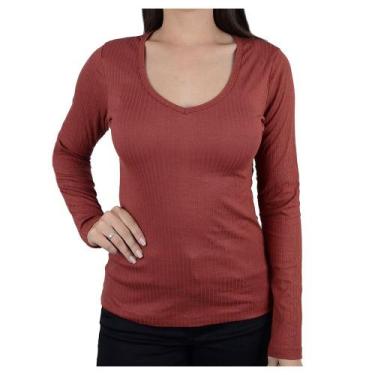 Imagem de Blusa Feminina Linha Leve ML Decote em V Marrom Terra - 2483, Marrom, 