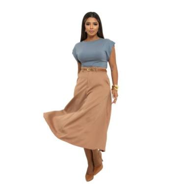 Imagem de Saia Longa Alfaiataria Godê Com Cinto E Bolsos R142 - STYLE STORE, Beg