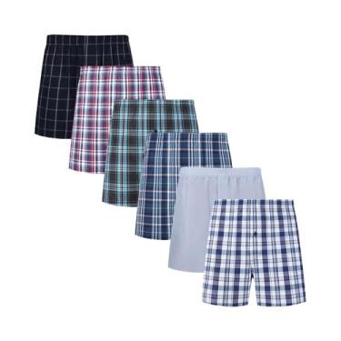 Imagem de Cuecas Boxer Xadrez Masculinas 6 Peças Com Cós Elástico E Botão, Roupa