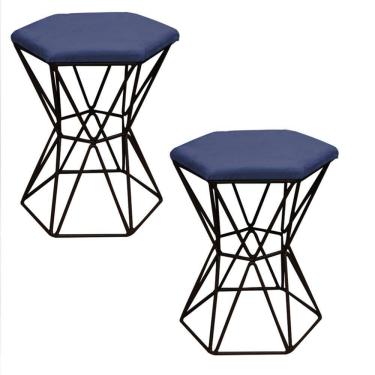 Imagem de Kit 02 Puff Louis Industrial Hexágono Suede Azul Marinho