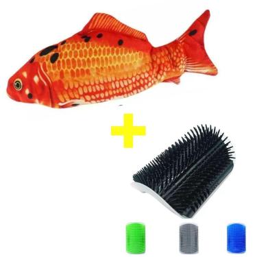 Imagem de Peixe Eletrico Brinquedo Gato Interativo Simulação + Usb + Auto Escova Massageadora De Parede Tira Pelo Gatos + Catnip