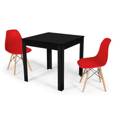 Imagem de Conjunto Mesa de Jantar Quadrada Sofia Preta 80x80cm com 2 Cadeiras Eames Eiffel - Vermelho