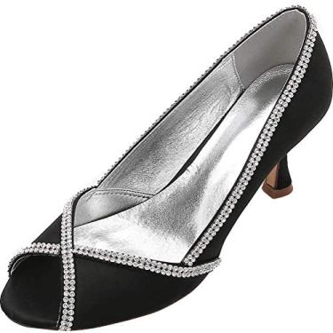 Imagem de Vestido feminino Peep Toe strass salto gatinha sapatos de noiva slip on pump festa noite, Preto, 10