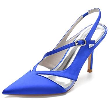 Imagem de Sapato feminino Slingback Mary Jane 8,5 cm salto alto de casamento bico fino strass quadra vestido de festa trabalho sapatos de formatura, Azul, 10.5