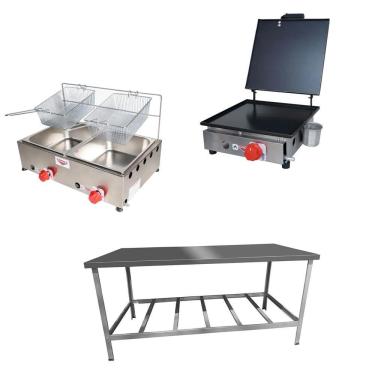 Imagem de Kit Lanchonete Mesa de Manipulação 190x70cm + Fritadeira a Gás 2 Cuba + Chapa a Gás 30cm Alcamar