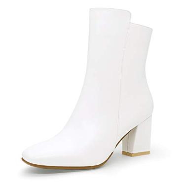 Imagem de IDIFU bota feminina Ada fashion bico quadrado curto Gogo cano baixo salto quadrado lateral com zíper - meio tamanho maior, White Pu, 8.5