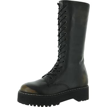 Imagem de Steve Madden Benson Black Distressed Lace Up Moto Lug Sole Mid Calf Leather Boot (Black Distressed, 7)