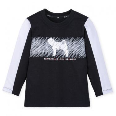 Imagem de Roupa Infantil Camiseta Suedine Preto/Branco Cachorro Com Escrito no Centro Estilosa e Confortável