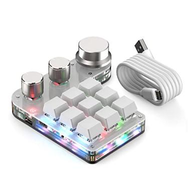 Imagem de Teclado mecânico programável com uma mão, mini teclado personalizado de 9 teclas com botão, com retroiluminação RGB, para design gráfico, teclas de atalho de software (branco)