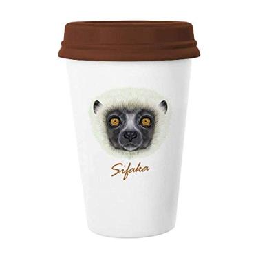 Imagem de Caneca de cerâmica branca fofa Sifaka macaco animal caneca café vidro bebendo cerâmica copo tampa