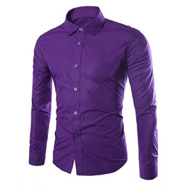 Imagem de WSLCN Camisas sociais masculinas casuais de botão manga comprida slim fit simples, Roxa, M