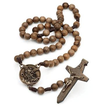 Imagem de Terço São Miguel Arcanjo No Cordão De Madeira Imbuia Ouro Velho 10 Mm