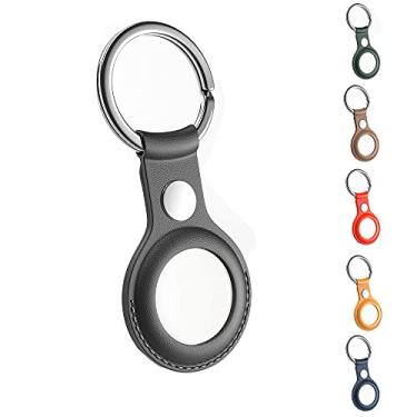 Imagem de Capa de couro para Apple AirTag Tracker, capa AirTags com chaveiro antiperda, capa protetora AirTag chaveiro capa, itens para encontrar chaves de cães (preta)