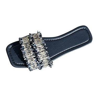 Imagem de Sandálias de dedo aberto respiráveis para mulheres moda verão tecido com bloqueio de cores bico quadrado dedo aberto sandálias de praia (azul-marinho, 35)
