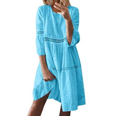 Imagem de UIFLQXX Vestidos de verão para mulheres 2023 Boho vestidos de gola lisa vestidos vazados manga 3/4 vestidos longos femininos, Azul, M