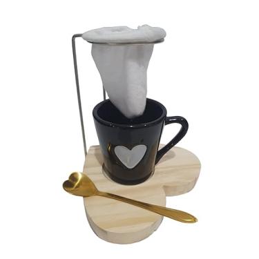 Imagem de Kit Caneca Xícara Mini Coador Café Individual Reutilizável (Preto Coração)