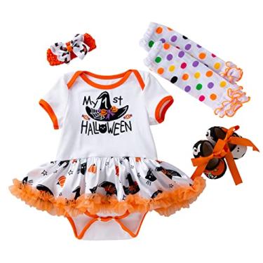 Imagem de Macacão infantil de manga comprida para meninas e meninas de Halloween conjunto de faixa de cabelo (laranja, 6 a 12 meses)