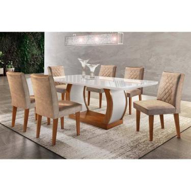Imagem de Conjunto: Mesa Sala Jantar Jade Tampo Madeirado c/ Vidro 180cm Canto Reto + 6 Cadeiras Jade Imbuia/Chocolate - Rufato