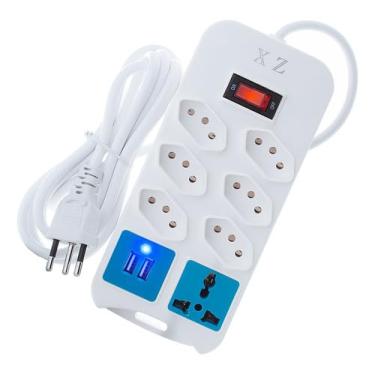 Imagem de Extensão Elétrica 7 Tomadas Régua Bivolt C/ 2 USB Cabo 1,8m - Cor Branco 110v/220v ®MaiXpro