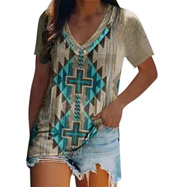 Imagem de Camisas ocidentais para mulheres com estampa solta asteca vintage étnica tribal geométrica Havaí Blusa Top Túnica havaiano Tops de verão plissada floral Top O79-Cinza Large