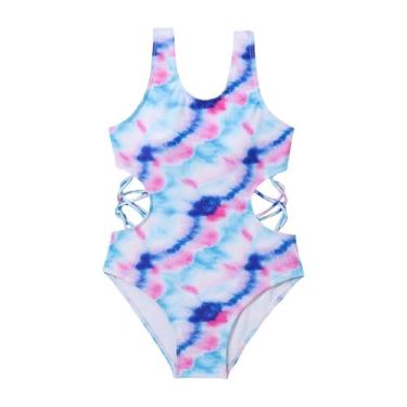 Imagem de Macacão de natação infantil tie dye com alça recortada, roupa de banho infantil verão praia lazer, Azul, 9-10 Years