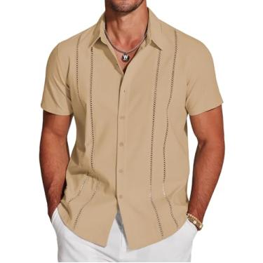 Imagem de COOFANDY Camisa masculina Guayabera cubana manga curta abotoada casual verão praia camisas de linho, Bronzeado claro, M