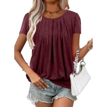 Imagem de VahRuta Túnica feminina de manga curta, gola redonda, parte inferior com faixas, camiseta de verão para leggings, Vinho tinto, P