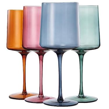 Imagem de Conjunto de 4 taças de vinho de cristal quadrado colorido pastel, presente para ela, ele, esposa, amigo - grande 382 g, estilo italiano alto - vermelho e branco, jantar, copos coloridos bonitos, vidro com haste